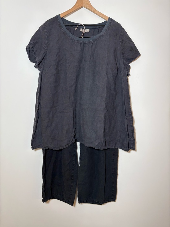 Flax Tops - FLAX Two Piece Set 100% Linen Short Sleeve Top 1G & Pull-On Pant 1G Black XL